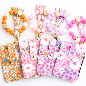 Silicone Bracelet Floral Folding Card Holder Printed Leather Wallet Keychain