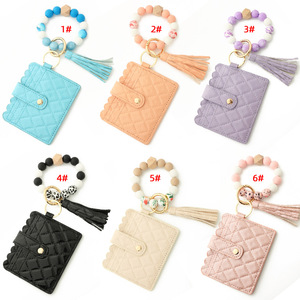 Silicone Bead Bracelet Card Holder Wristband Geometric Leather Women's Wallet Keychain