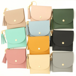 Solid color card holder keychain wallet leather tassel multi-card slot coin purse PU leather card ho