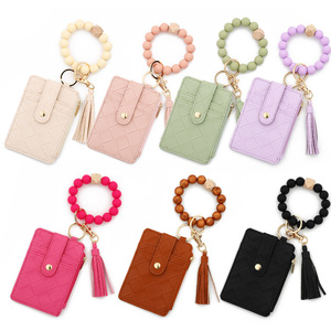 Silicone bead bracelet, plaid card holder, PU leather, keychain